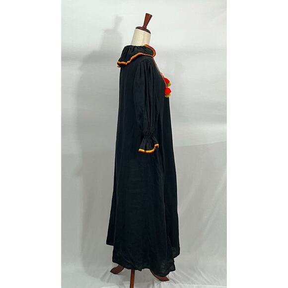 ELEVEN March 11 Sz S Small Black Linen Orange Yellow Trim Tassels Midi Dress - Picture 5 of 10